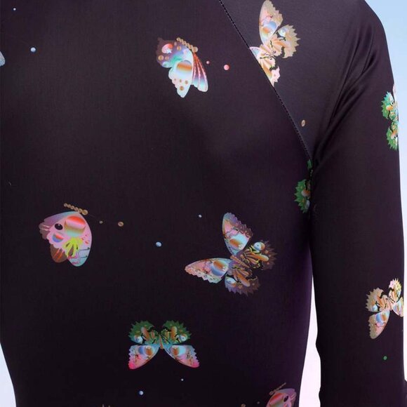 Cynthia Rowley black blue pink butterfly print front zip surf swimsuit - Picture 8 of 9